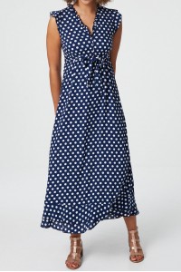Spotted Maxi dress Aimelia Dr4358 in Navy with a matching belt .