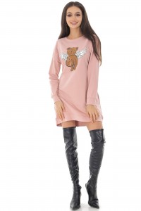 A casual T-shirt style dress, Aimelia Dr4366 in pink, with a teddy bear print.