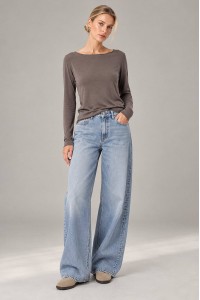 Taupe Modal and Cashmere Boat Neck Top - AIMELIA BR3010