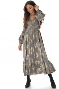 Boho style midi dress DR4629 in Grey and Gold with pockets 