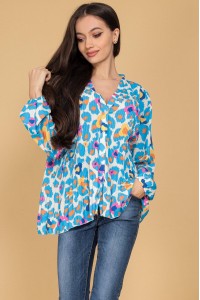 Oversized pleated top BR2565 Turquoise/ White with a floral print