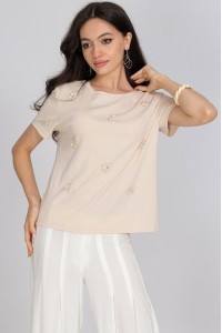 Casual T shirt Aimelia BR2763 Beige with embroidered flowers