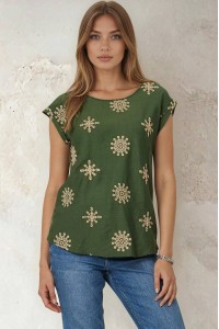 Womens Green Printed Cap Sleeve Top Roh BR2959