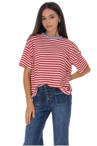  Red & White Stripe Casual Cotton Blend T-Shirt Roh BR2960