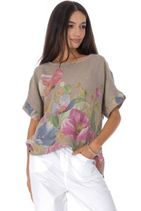 Relaxed fit linen top with a floral print in Beige Roh BR2971