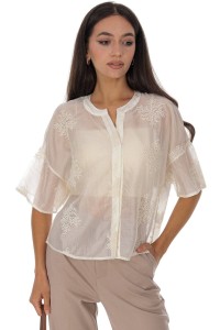 Cream Embroidered Sheer Button Front Top Roh BR2983