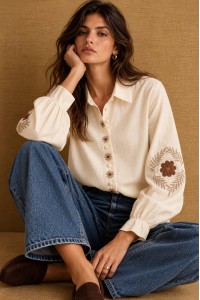 Cream Embroidered Cotton Shirt - AIMELIA BR3031