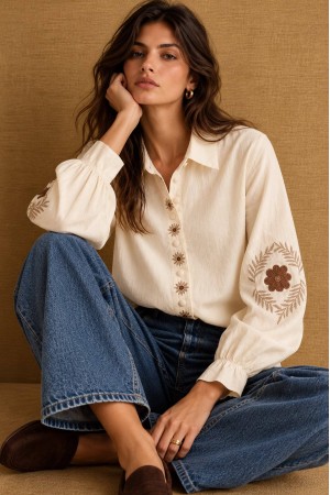 Cream Embroidered Cotton Shirt - AIMELIA BR3031