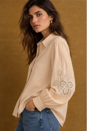 Beige Embroidered Puff Sleeve Cotton Shirt - AIMELIA BR3030