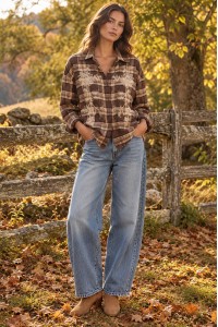 Brown Oversized Check Shirt with Embroidery - AIMELIA BR3033