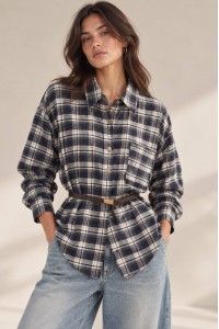 Navy Oversized Check Shirt with Belt - AIMELIA BR3032