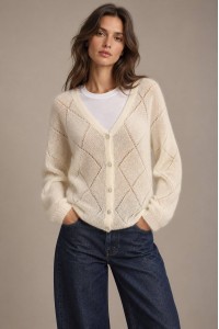 Cream Mohair V-Neck Crochet Detail Cardigan - AIMELIA BR3015