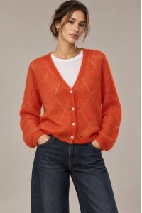Orange Mohair V-Neck Crochet Detail Cardigan - AIMELIA BR3016