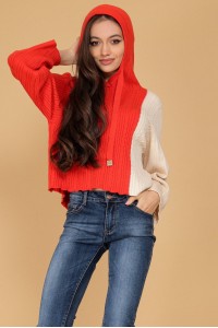 Casual cable knit jumper Aimelia BR2544 Red with a hood