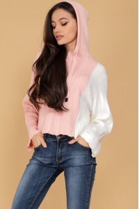 Casual cable knit jumper Aimelia BR2545 Pink with a hood