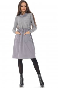 Chic midi dress Aimelia DR4491 Grey with a high neck and pockets