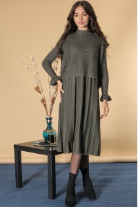 Chic two piece knitted dress , Khaki, Aimelia DR4637