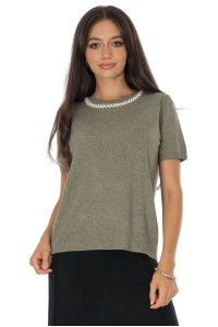 Classic soft knit jumper accessorised with pearls Khaki  BR2876