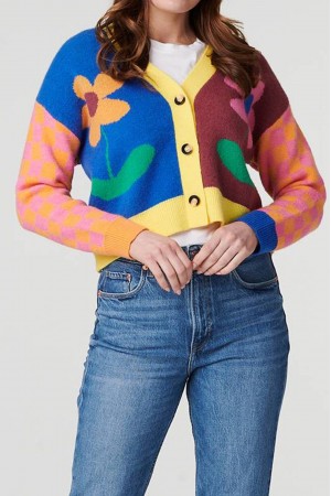 Oversized cropped Cardigan Multicoloured, with a flower print Aimelia BR2722