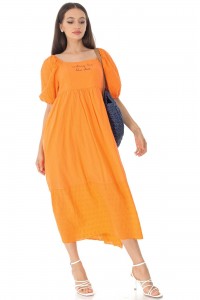 Cotton maxi dress, Aimelia Dr4430, in Orange, with embroidery.
