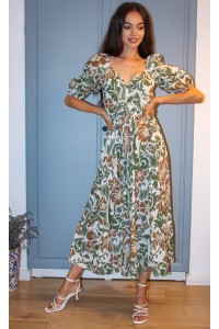 Cotton maxi dress Aimelia Dr4457 Green/Beige with a wrapover front.