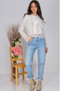 Delicate lace blouse Aimelia BR2775, White, with long sleeves 