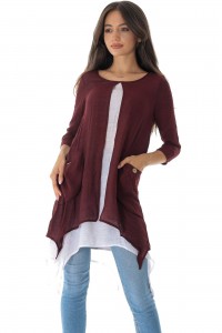  Casual tunic dress DR4598 in Wine/ White with pockets