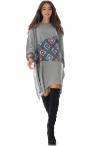 Casual oversized tunic dress DR4599 in Grey with a colourful panel detail