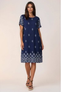 Navy Blue Boho Print Viscose Dress for Women Roh DR4811