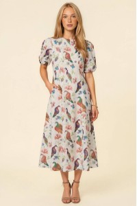 Womens White Floral & Bird Print Midi Dress with Puff Sleeves Roh DR4812