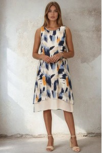 Womens Abstract Print Sleeveless Layered Midi Dress Roh DR4814