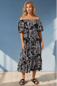  Womens Black Floral Print Bardot Midi Dress Roh DR4815