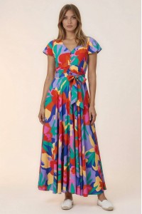Womens Multicolor Floral Print Maxi Dress in Viscose with Pockets