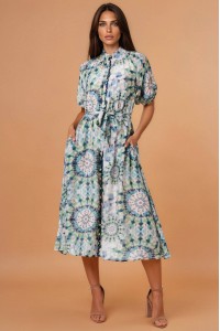  Ladies Blue Abstract Print Shirt Midi Dress 