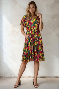 Womens Bright Floral Print V-Neck Knee Length Dress Roh DR4821