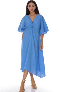   Linen Twist Front Midi Dress in Blue  Roh DR4830