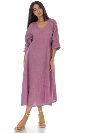 Midi length dress in linen with pockets in Dusky Pink Roh Dr4831