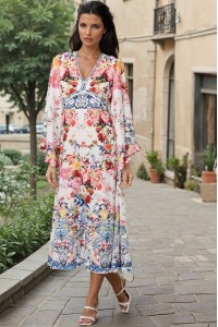 Multicolor Elegant Floral Midi Occasion Dress with Flared Sleeves 