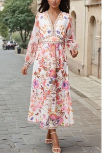 Elegant Floral Midi Occasion Dress with Sheer Chiffon Sleeves