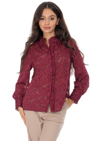 Elegant sheer lace blouse with frills in Wine  BR2946