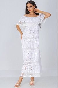 Embroidered cotton maxi dress,Aimelia Dr4401 in White, with a lace trim.