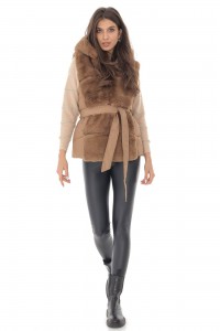 Faux fur gilet,Aimelia Jr558 in Camel, with a hood and pockets