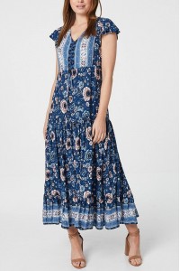 Floral maxi dress,Aimelia Dr4315,in Blue and Pink,with a contrasting border.