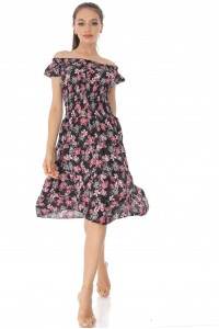 Floral midi dress,Aimelia Dr4410 Black/Pink,with contrasting buttons.