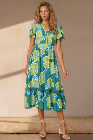 Floral midi dress with a lace trim, with pockets, in Green Roh DR4845