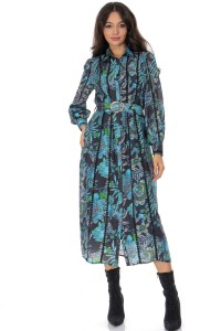 Women’s Blue Floral Print Midi Dress with Belt 