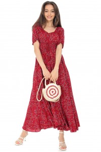 FLORAL SMOCKED WAIST MAXI DRESS IN RED - DR4528