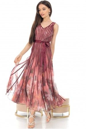 FLORAL STRIPED MESH MIDI DRESS IN RED - DR4529