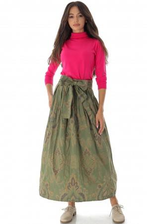 Printed cotton midi skirt FR530 Khaki with a bow tie detail