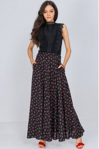 Full circle cherry printed maxi skirt Aimelia FR538 Black with pockets